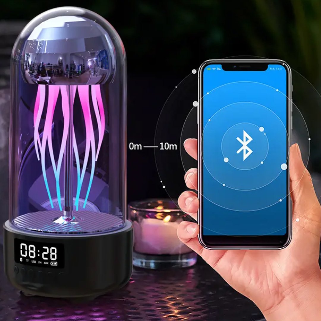 13d6fb21-32e8-4d1d-830a-23e9d616599d.jpg Wonder jellyfish lamp and black Bluetooth speaker with color lighting and digital display