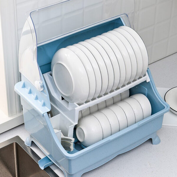 رف تجفيف الأطباق المزدوج مع غطاء حماية - منظم صحون طبقتين من البلاستيك المتين | تصريف مياه دوار 360 درجة
