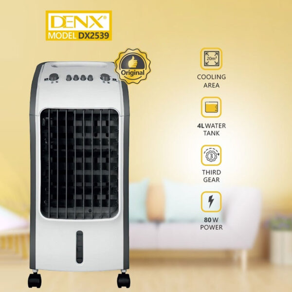 مكيف صحراوي Denx DX2539 متنقل (80 واط) - 4 لتر ماء، 3 سرعات، وضع ترطيب الجو، تصميم رفيع وصوت هادئ، مع ريموت تحكم و Ice Packs، ضمان عامين