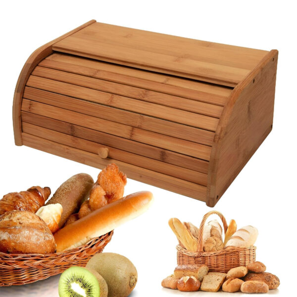 صندوق خبز من الخيزران الطبيعي 100% - غطاء رول توب انزلاقي، يحافظ على الخبز طازجاً، مقاوم للرطوبة والخدش، تصميم خشبي أنيق، مقاس 40 × 27 × 16.5 سم