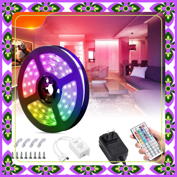 شريط إضاءة ليد 5 متر RGB الأكثر مبيعاً - كثافة 60 LED/متر، قوة 72 واط، تحكم عن بعد بالسطوع والألوان، 4 وضعيات عرض، لاصق ذاتي، زاوية 120 درجة، يعمل بـ 220 فولت