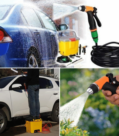 (لصورة 1) معدات مغسلة سيارات محمولة تتضمن دلو أصفر وخرطوم ومسدس رش يستخدم لغسيل سيارة زرقاء.