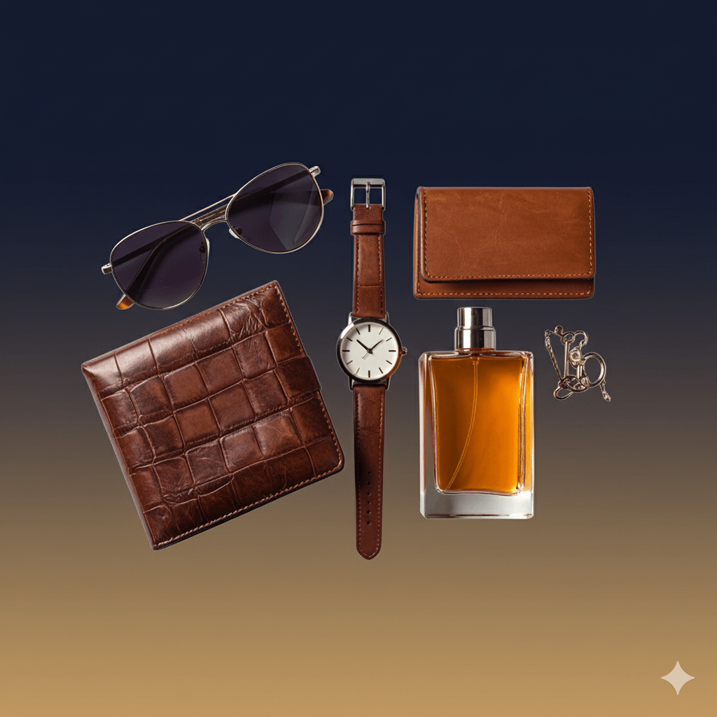 مجموعة أكسسوارات فاخرة تشمل ساعة يد جلدية، محفظة، نظارات شمسية، وعطر.