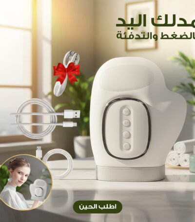 The White Smart hand massager is powered by pressure and heating technology, with a Type-C charging cord.