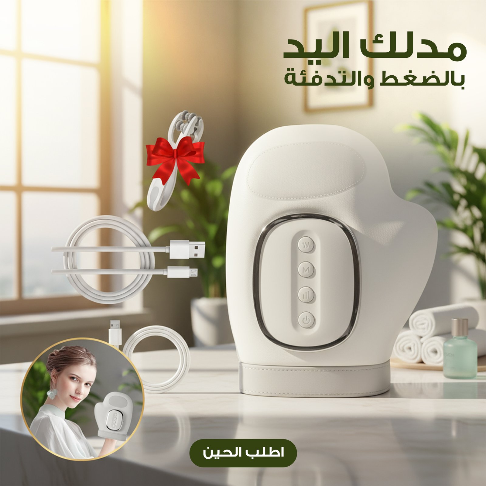 2b83c374-7fe0-45a6-b3a5-c8e740be680d.jpg The White Smart hand massager is powered by pressure and heating technology, with a Type-C charging cord.