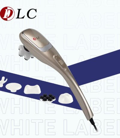 Gold color DLC professional muscle massage gun with 5 interchangeable massage heads.