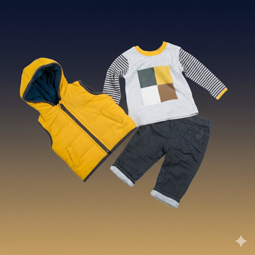 ملابس أطفال، تشمل سترة صفراء مبطنة وقميصاً وسروالاً.