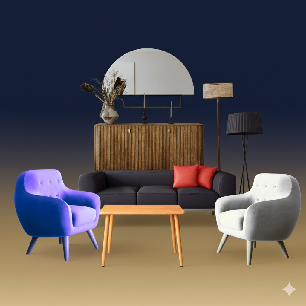 مجموعة أثاث منزلي حديث، تشمل كنب وكراسي وطاولة وسط.