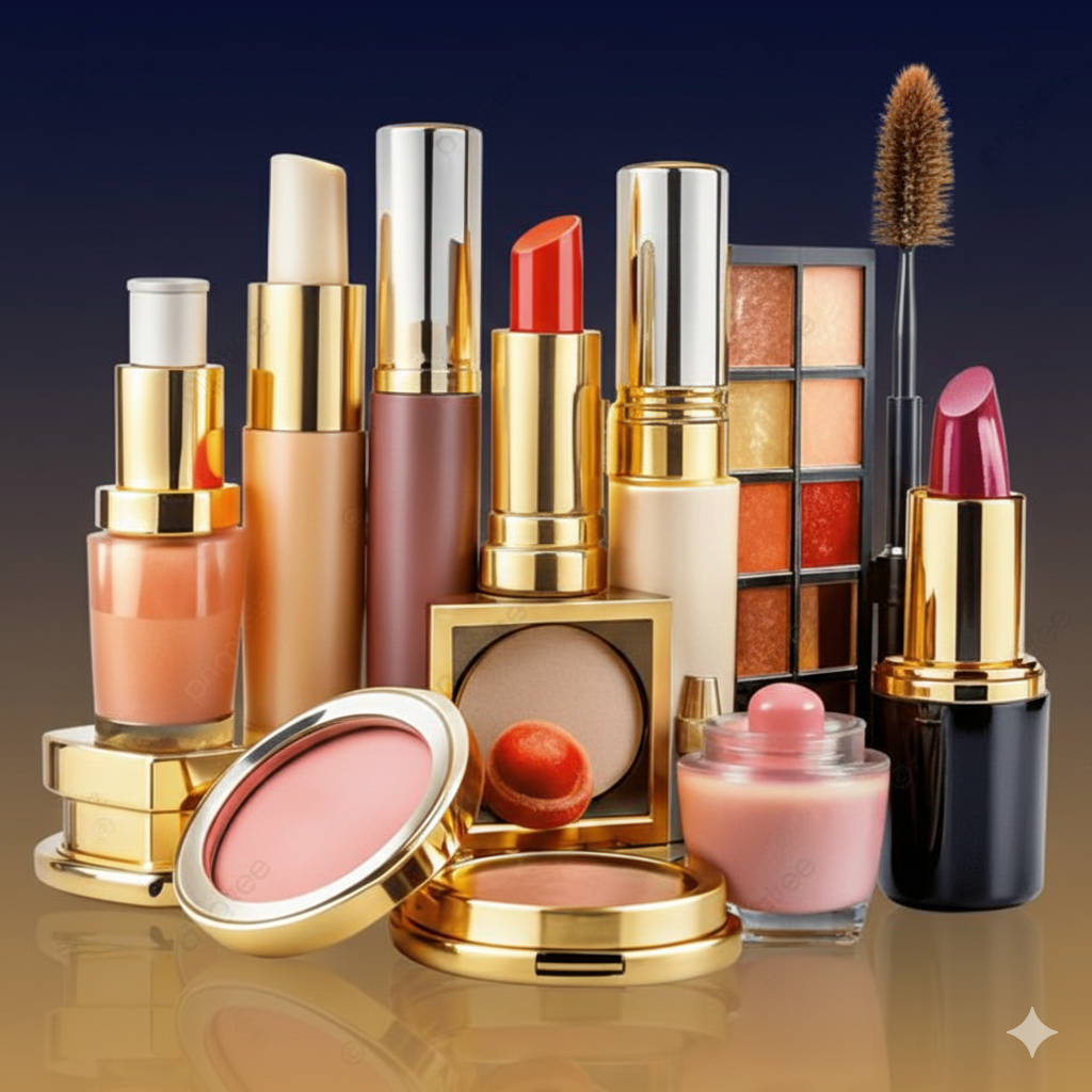 مجموعة فاخرة من منتجات الميكاب وأحمر الشفاه وعلب ظلال العيون بعبوات ذهبية.