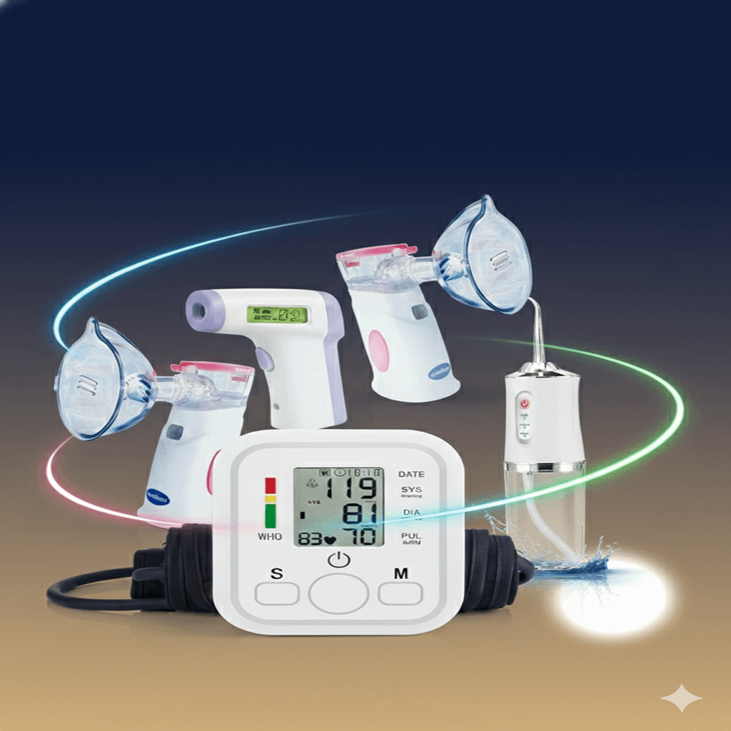 مجموعة أجهزة طبية منزلية، تشمل جهاز قياس ضغط ومعصم، وميزان حرارة رقمي.