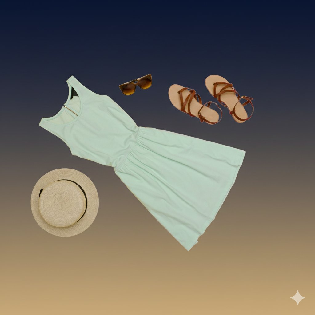 ملابس سيدات صيفية، تشمل فستاناً أزرق وقبعة شمسية وصندلاً.