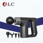 Professional muscle massage gun DLC-M6403 in black with 4 massage heads and USB charging cord.