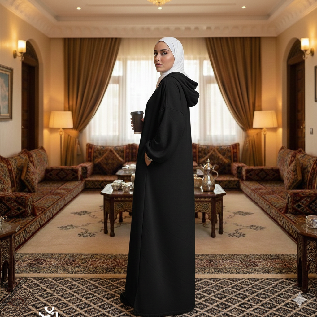 A woman wearing a black abaya with a headdress (hoodie) from NIDA material, standing in a majlis with a classic design.