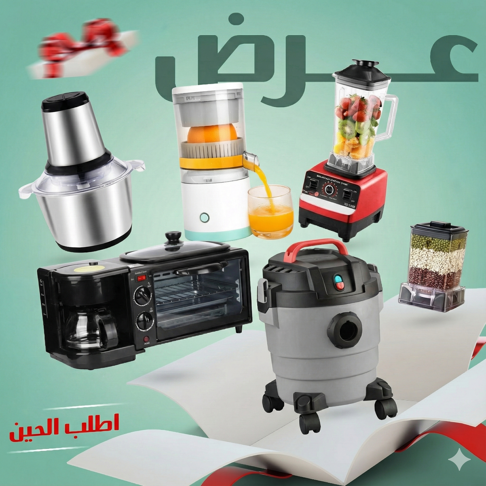 9cb799e1-7c4b-4a62-9f62-d2ce36328d2e.png صورة تجمع الأجهزة الخمسة: المكنسة الرمادية، الخلاط الأحمر، مفرمة الستانلس، جهاز الإفطار الأسود، والعصارة البيضاء على خلفية خضراء.