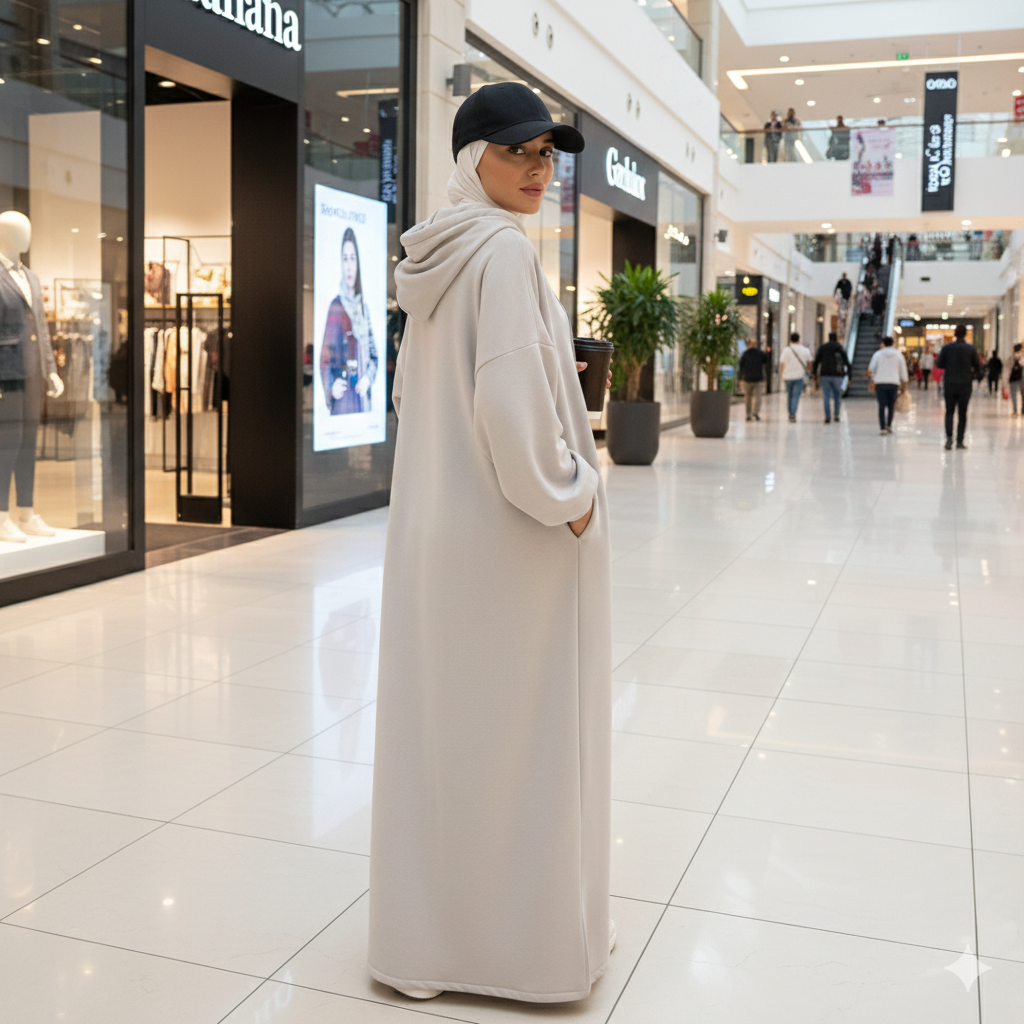 عباية نسائية بيضاء اللون من ماركة لوريا بتصميم الهودي مع غطاء رأس وقماش نيدا خفيف.